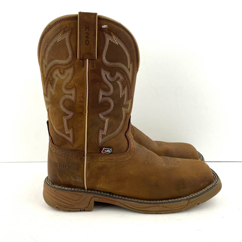Justin Men's Stampede Rush EH Steel Toe Wellington Brown Work Boots Sz 10.5 EE